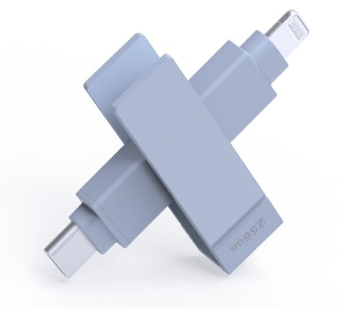 PioData Apple MFi Certified 256 GB Morandi Blue iXflash 2-in-1 USB Type C & Lightning Backup Photo Stick for iPhone, iPad, and Computer | External Photo Storage and Transfer
