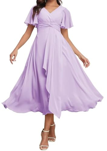 HPPEE Damen Chiffon Brautjungfernkleider mit Ärmeln Plissee Midi Formell Abend Party Kleid, Flieder, 44