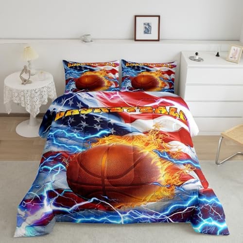 Loussiesd 3D Basketball Bettdecke 200x200cm Retro USA Flagge Steppbett für Kinder Jungs Mädchen Ballspiele Sport 4-Jahreszeiten Bettdecke Amerikanische Flagge Winter Sommer Bettdecke 3Stück
