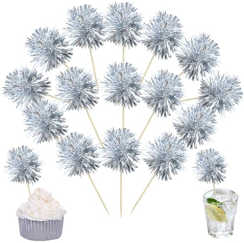 Ephlyn 30Pcs Foil Firework Cupcake Toppers Sparkle Tinsel Cupcake Picks Happy Birthday Cake Toppers Drink Stirrers Cocktail Food Fruit Toothpicks for Baby Shower Birthday Party Supplies Silver