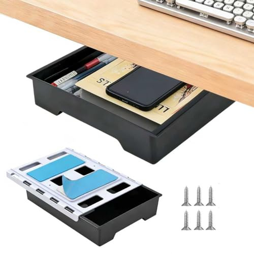 Hi-ERA 10.91x 8.23 Under Desk Drawer Storage Organizer, Durable PC Material Self-Adhesive with Slide Out Rail, Hidden Hanging Desk Drawer for Office Supplies, Stationery, No Drilling Install, Black