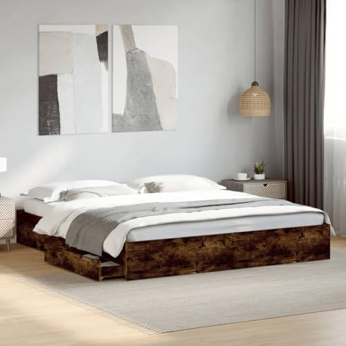 Teenpull Bettgestell mit Schubladen, Räuchereiche, 180x200cm, stabiles Holzwerkstoff Bettrahmen mit Lattenrost, modernes Design für Schlafzimmer, inklusive 4 großer Bettschubladen