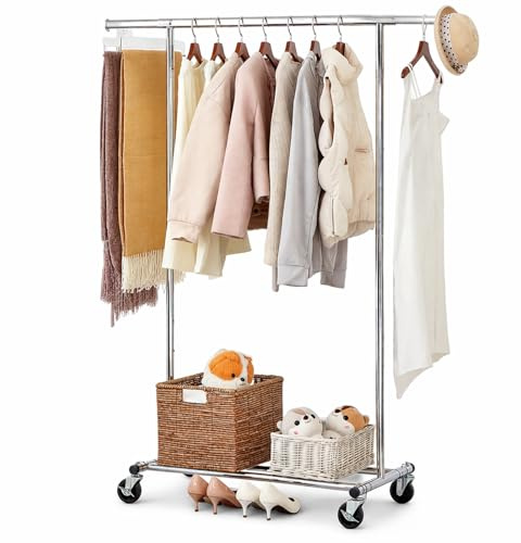 House Of Home Heavy Duty Clothes Rail with Shelf on Wheels – Adjustable Width & Height, Garment Rack, 80kg Capacity, Lockable Castors, Chrome