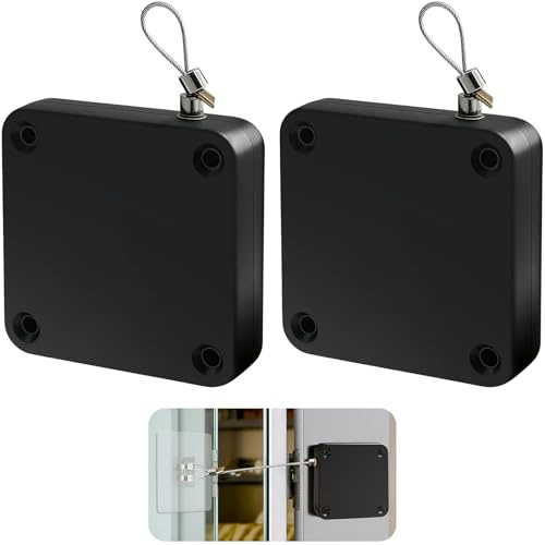 Pack de 2 Cierrapuertas Automático 1200N (Negro), Cierra Puertas Sin Taladrar con Cable de Acero Revestido 1.3m, Muelle de Retorno Silencioso y Potente para Puerta Corredera Mosquitera y de Madera