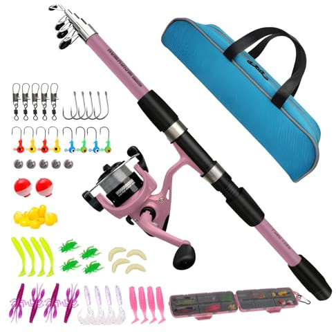 Aerowick Ensemble de pêche pour enfants avec canne à pêche et moulinet, canne ultra légère à deux mains, canne télescopique pour enfants en fibre de carbone, kit de pêche complet pour débutants (rose)