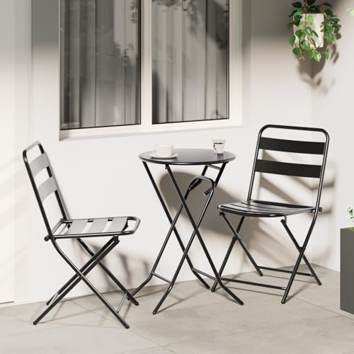 JHQHSM 3-teiliges faltbares Bistro Set Anthrazit Stahl, Klapptisch und Stühle für Balkon und Terrasse, Robustes pulverbeschichtetes Metall, platzsparendes Gartenmöbel, wetterfestes