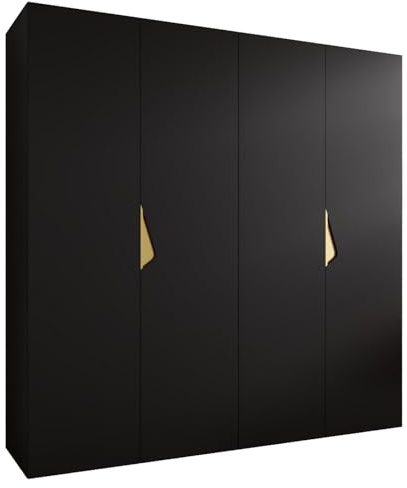 MEBLE KRYSPOL - Kleiderschrank - Garderobenschrank - 200 cm x 202 x 52 cm - Schrank mit Kleiderstange, 4 Türen - für Schlafzimmer, Flur - SANDI, Schwarz, Griff Gold