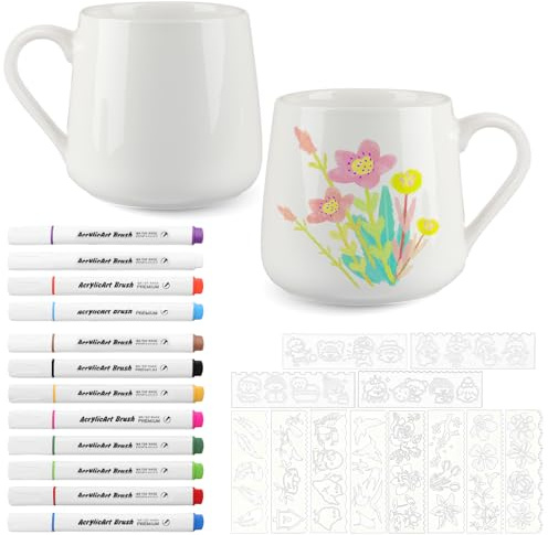 DIY Ceramic Mug Painting Set for Adults with 450ML Mug Marker Pen Stencil | Paint Your Own Mug Coffee Painting Mugs Creative Gift for Kids and Adults