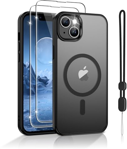 Jshru Magnetic for iPhone 14/15 Plus Case,Compatible with Magsafe,with Phone Lanyard and HD Screen Protectors,[Durable & Sturdy] Slim Translucent Protective Cover,iPhone 14 Plus-Black