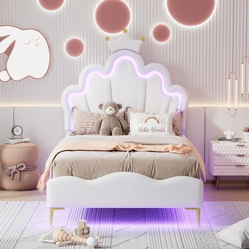 Merax Kinderbett 90x200 cm Prinzessin Bett - Polsterbett für Mädchen, Kronen-Einzelbett mit verstellbarem Kopfteil, LED-Streifen, aus PU-Leder Bettrahmen mit Lattenrost(ohne Matratze), Weiß