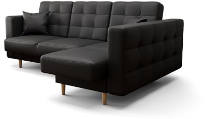 O-Sofa Ecksofa Kongo RBN12, Eckcouch in L-Form mit Schlaffunktion, Farbe: Schwarz, Kunstleder, Ottomane Rechts