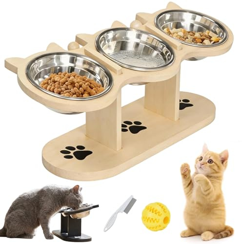 Gamelle Surélevée 3-en-1 pour Chat, Gamelle Chat Surélevée Bois avec 3 Bols en Acier Inoxydable, Hauteur & Inclinaison Réglable, Base Antidérapante, pour Chats, Petits Chiens (A)