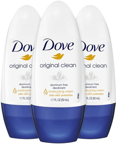 Dove Aluminum-Free Deodorant for Women, Original Clean Roll-On 3-Pack – ¼ Moisturizing Cream Formula with 24H Odor Protection, 1.7 Fl Oz Ea