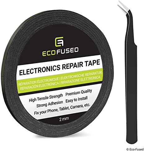 Eco-Fused Cinta Adhesiva para la reparación de teléfonos celulares - 2mm Cinta – Tambien Incluye 1 par de Pinzas Paño de Limpieza de Microfibra (Negro)