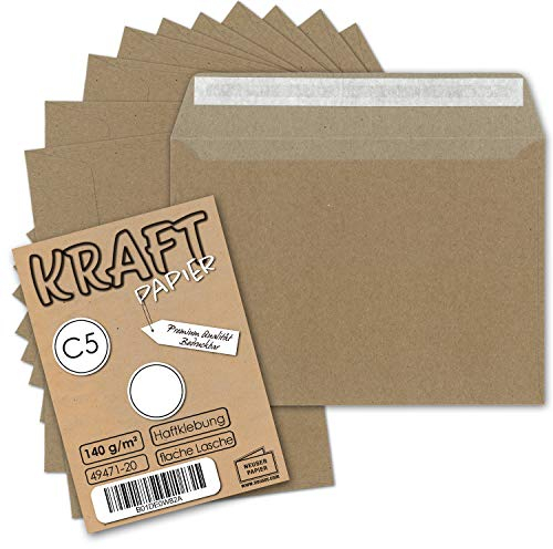 100x Vintage Brief-Umschläge DIN C5 Kraftpapier 140 gr - 229 x 162 mm - braun - innen grau - nachhaltiges Recyclingpapier - Haftklebung - UmWelt by GUSTAV NEUSER