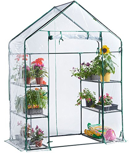 VonHaus Walk In Greenhouse – Compact Green House with 6 Shelves and Weatherproof PVC Plastic Cover – Plant House for Garden and Outdoor – Roll up Zip Panel Door – Easy No Tool Assembly