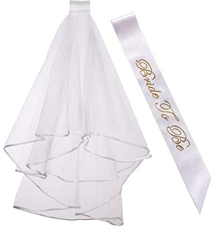 Rmeet JGA Accessoires Deko,Bride to be Braut Schleier mit Satin Weiße Schärpe und Schleiers mit Kamm für Brautparty Henne Nachtparty Dekoration Weiß