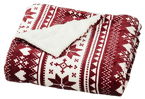 Cepewa Wohndecke kuschelig weich mit Teddyfell Rücken Kuscheldecke im Nordic Stil und skandinavischem Schneeflocken Druck 125 x 150 cm