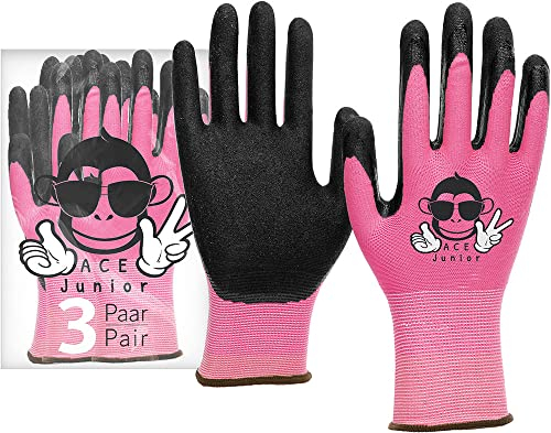 ACE Junior Arbeits-Handschuh für Kinder - 3 Paar Schutz-Handschuhe für die Garten-Arbeit - Pink - 5-6 Jahre (3er Pack)