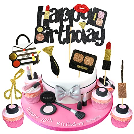 Regendeko Happy Birthday Lady Mädchen Schwarzgold Lippenstift Tortendeko Schminke Kuchendekoration Cupcake Toppers Geburtstagskuchen Deko