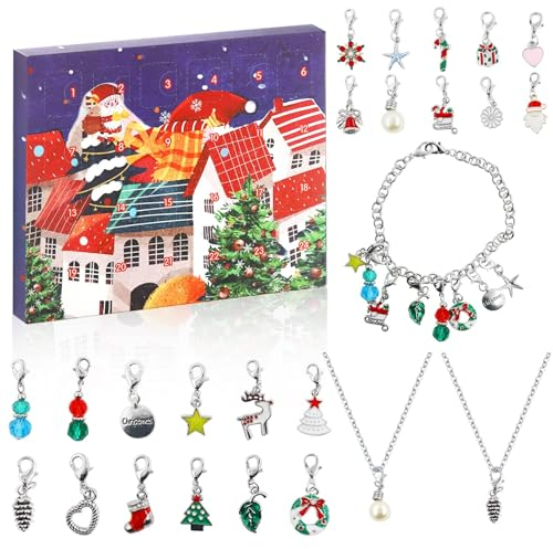 Adventskalender Schmuck 2023 Frauen Mädchen,24 Überraschungen - Armband Halskette Ring Ohrringe,Weihnachtskalender Geschenk für Mädchen Frauen Freundin