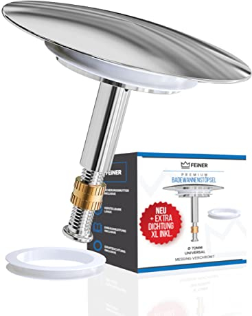 FEINER® [2-TLG.] Badewannenstöpsel Universal Passform - Badewannen Stöpsel Verschluss Ø 72 mm - Rostfrei Verstellbarer Stöpsel Badewanne - für Jede Badewanne Dicht + GRATIS Alternativdichtung