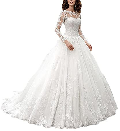 yhfshop Elegant Bridesmaid Dresses,2021 new long-sleeved lace trailing bridal wedding dress-off white_38,Women's Classic Evening Dresses