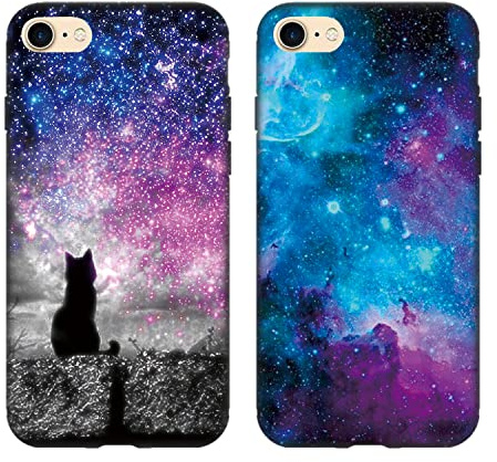 Tveinan Hülle für iPhone SE 2022/8/7/ iPhone SE 2020 Handyhülle, 2 Pack Weiche Silikon Schwarz Schutzhülle für iPhone 8, Slim Stoßfest Case, Süß Muster Silikonhülle Cover - Katzen Sternenhimmel