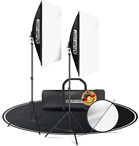 Lion Light | Profi Softbox Set 2X [50x70cm] – Fotostudio Studiolicht [2 Softboxlampen E27 85W 5500K] – Energiesparende Beleuchtung – Inklusive Stativ & Reflektor