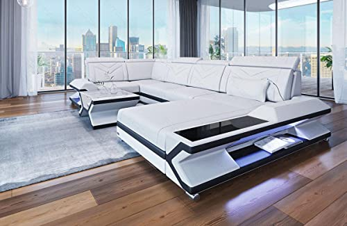 Wohnlandschaft Napoli U Form Sofa in Leder mit LED-Beleuchtung Ledersofa mit Kopfstützen (Ottomane rechts, Weiß-Schwarz)