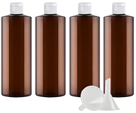 ZEOABSY 4 Pièces 500 ML Marron Bouteille en Plastique avec Bouchon à Charnière Blanc, Épaule Plate Vider Bouteille Ronde en PET de Voyage pour Cosmétiques Liquides