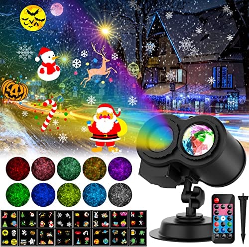 YAZEKY LED Projektor Weihnachten Aussen 2-in-1 LED Projektionslampe Weihnachten außen mit Fernbedienung 16 Schaltbare Muster 10 Farben Wasserwelleneffekt für Party