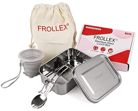 FROLLEX Edelstahl Premium Brotdose, 800 ml – Auslaufsichere Lunchbox mit Trennwand & Dichtring. BPA-frei,nachhaltig. Gratis Austauschdichtung, Trennwand, klappbare Gabel & Becher inklusive.