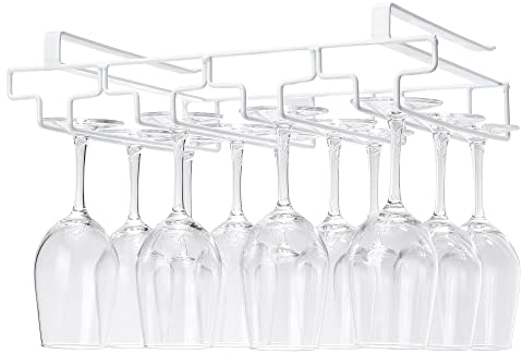 FOMANSH Wine glass holder hanging, no drilling required, storage, no screws required, stainless steel, adjustable shelf thickness, kitchen, White