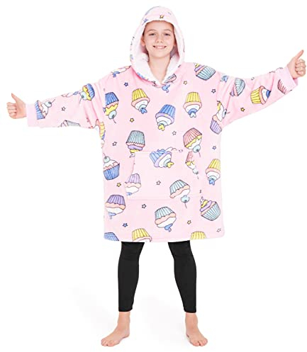 CityComfort Übergroße Hoodie Decke Kinder Fleece Oversize Kapuzenpullover Mädchen Teenager mit Sherpa-Futter und Kängurutasche Geschenk Ideen (Rosa Cupcake)