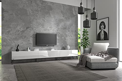 Wuun® TV-Board Lowboard Wohnwand TV-Bank Somero / 300cm (3 x 100cm) / Weiß-Matt & Weiß-Hochglanz/Haarnadel Schwarz