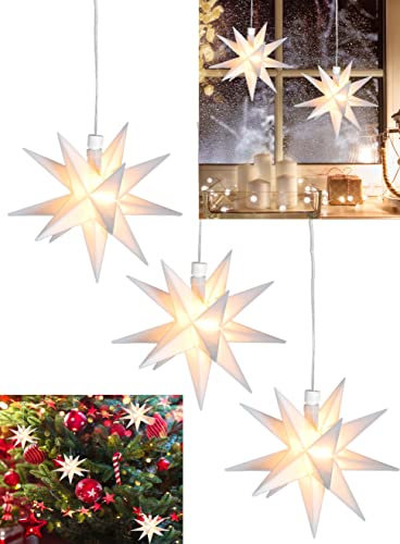 Stephans Möbelbörse 3x LED 3D Leuchtstern zum hängen - Ø12cm - Weihnachtsstern beleuchtet Fenster Deko Advent Stern - mit Batterie und Timer Weiß