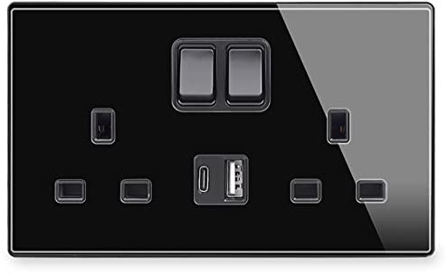 UK Standard Black 13A Glass Panel 18W Type-C, QC3.0 Type-A USB Quick Charge Port Double Socket Switched Earthed,146 * 86mm (Black)