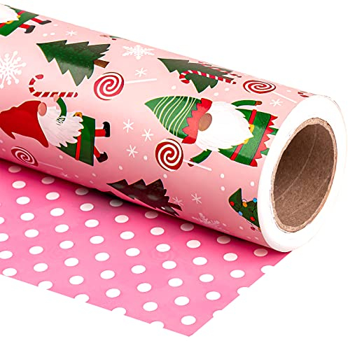 RUSPEPA Wendbares Weihnachts-Geschenkpapier – Mini-Rolle – 43,2 cm x 10 m – roter grüner Wichtel und Zuckerstangen, rosa und weiße Tupfen-Design für Urlaub, Party, Feiern