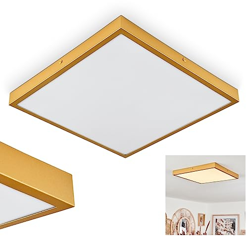 LED Deckenleuchte Broglen, moderne Deckenlampe aus Metall/Kunststoff in Goldfarben/Weiß, eckige Leuchte im Retro/Vintage-Design, 35 cm x 35 cm, 2350 Lumen, 3000 Kelvin, LED 22 Watt