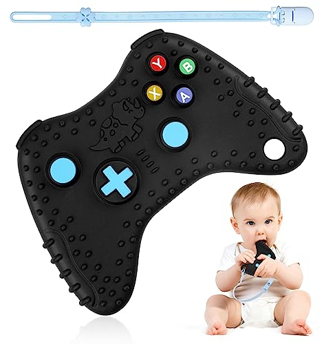 Anneau Dentition Bebe Silicone, Jouets de Dentition avec Attache-sucette, Jouet Dentition Bébé Manette de jeu Télécommandée pour Bébés pour Nouveau-nés Cadeaux pour Bébé 6-12 Mois (Noir)