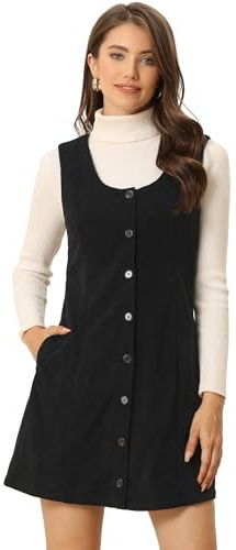 Allegra K Corduroy Overall Dress for Women's Fall Scoop Neck Sleeveless Button Down Casual Pinafore Dresses Small Black