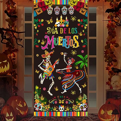 DPKOW Dia De Los Muertos Pancarta De Puerta Halloween Decoraciones, Tela Cubierta De Puerta De Halloween del Día De Los Muertos para Decoración De Fiesta Mexicana Interior Al Aire Libre, 185 * 90 cm