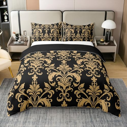 Homewish 100% Washed Cotton Elegant Damask Bedding Set Antique Baroque Flowers Comforter Cover for Teen Boys Men Gold and Black Floral Duvet Cover Stylish Modern European Bedspread Cover Super King