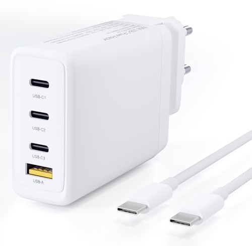 100W USB-C GaN Ladegerät Mac Book Pro Air, iPad Pro, iPhone 14 13 Galaxy S9 und allen USB-C Geräten, 4-Ports GaN Wandladegerät (3 x USB-C Port Schnellladeadapter + 6ft Kabel im Lieferumfang enthalten)