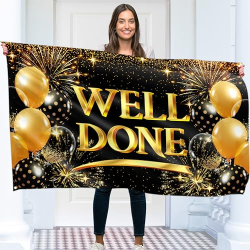 Well Done Congratulations-Dekorationen – Wir sind stolz auf dich, Abschlussbanner – 1,5 x 0,9 m (Schwarz & Gold)
