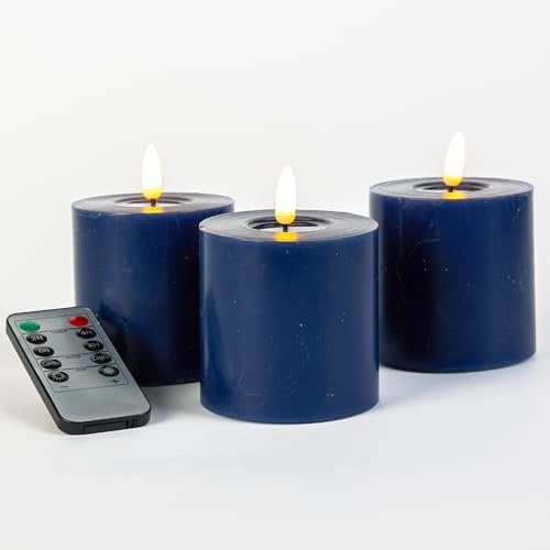 glowiu Navy Candles Flameless Set of 3 (H3 x D3) Navy Decor Battery Operated with Remote LED Pillar 3 inch Blue Flameless Candles for Home, Festival, Party Navy Blue Decor (Navy Blue)