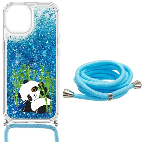 SEHEYA Handys Kette Hülle für iPhone 8 Plus/iPhone 7 Plus Flüssigkeit Glitzer Handyhülle zum umhängen Transparent Silikon Schutzhülle mit Band Kordel Case Mädchen, Blau Panda