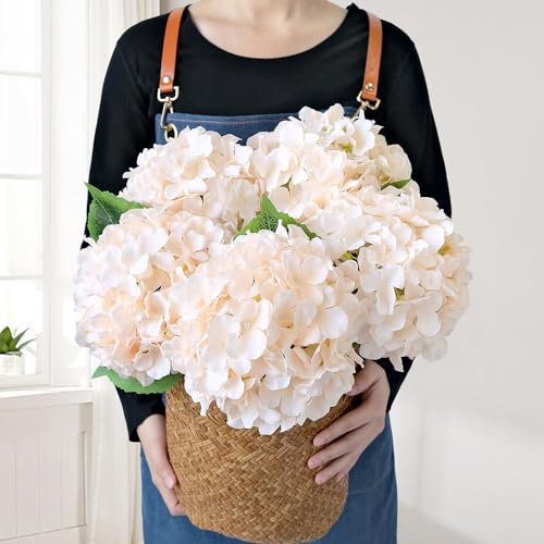 JINWOE 5Pcs Boho Silk Hydrangea Artificial Flowers, 20Inch Large Lifelike Flowers, Full Nature Artificial Hydrangeas with Stems for Indoor Bouquet Table Centerpieces Home Bohemian(Nude&Champagne)
