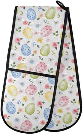 Double Oven Gloves Watercolor Easter Eggs Spring Flowers Heat Resistant Pot Holder Oven Mitt Gloves for BBQ Cooking Baking Grilling Microwave